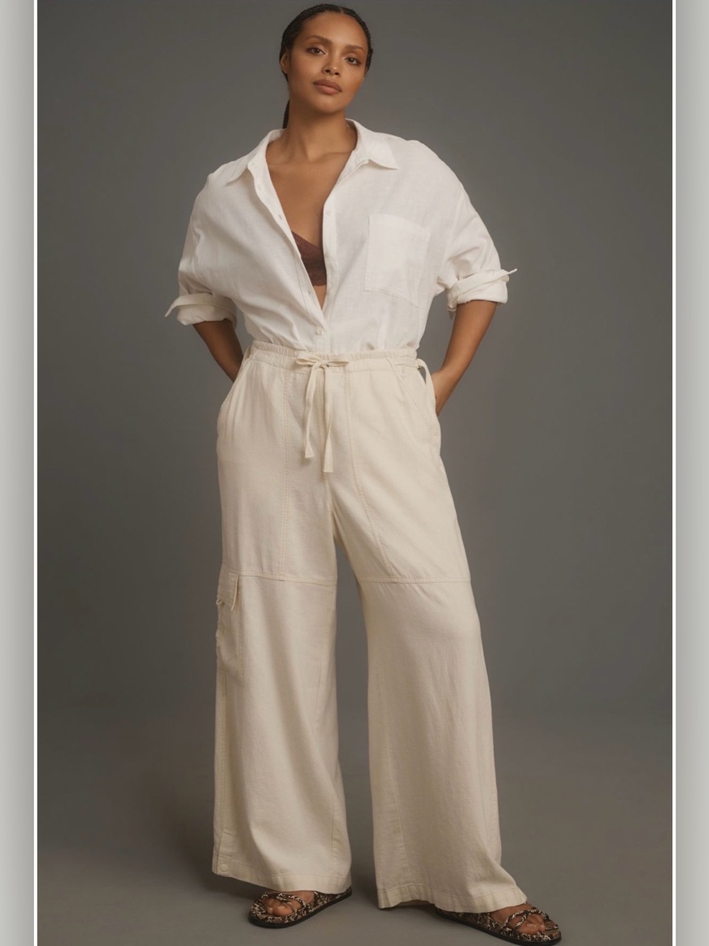Anthropologie Cream Wide-Leg Pilcro Linen Beach Cargo Pants 1X NWT lightweight